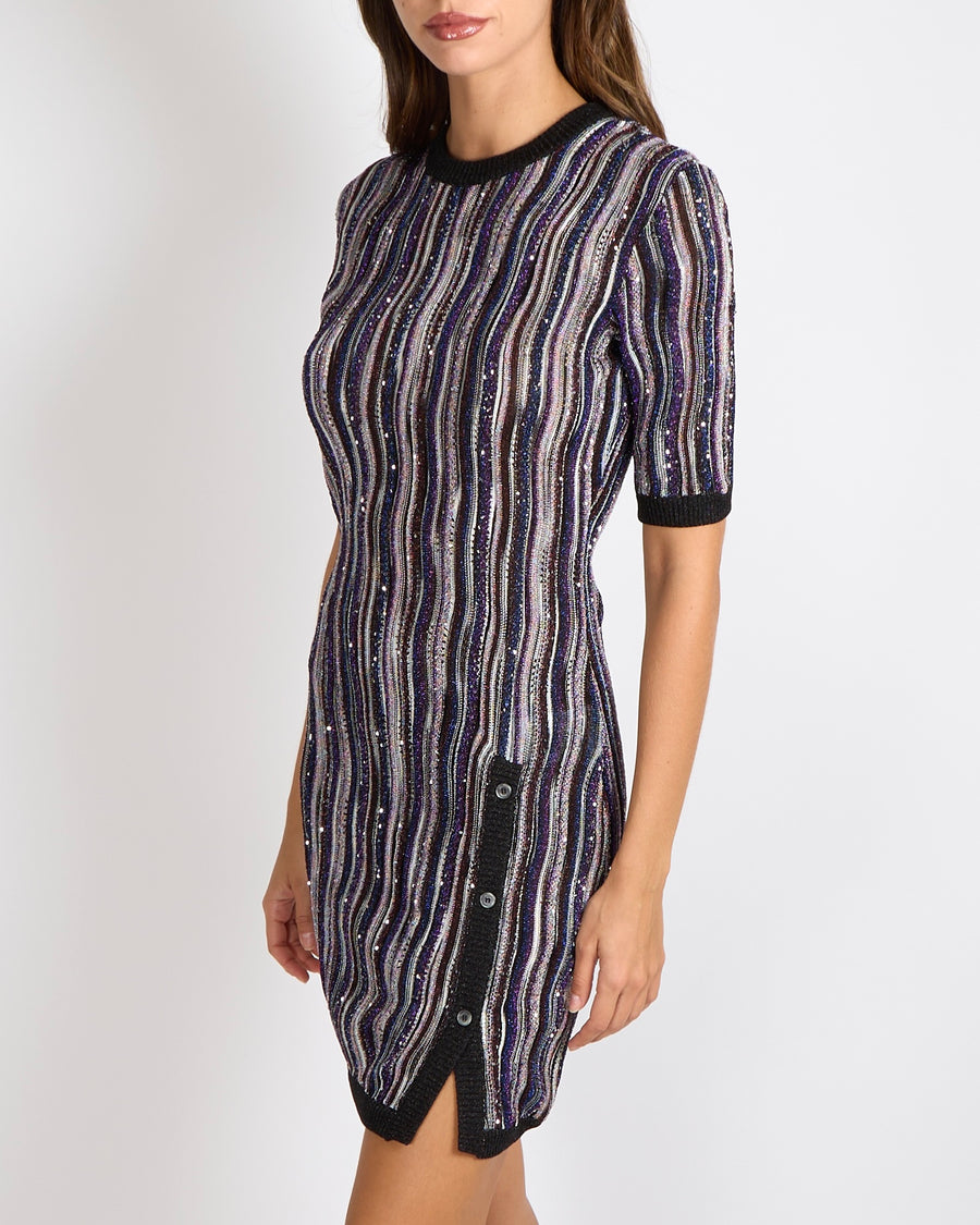Missoni Purple, Blue and Multicolour Short-Sleeved Mini Dress with Silver Sequin Embellishments Size IT 40 (UK 8) RRP £1,320