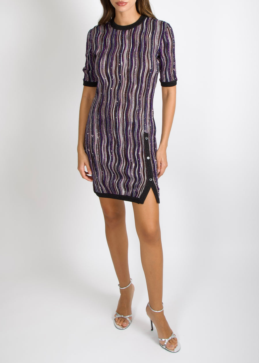 Missoni Purple, Blue and Multicolour Short-Sleeved Mini Dress with Silver Sequin Embellishments Size IT 40 (UK 8) RRP £1,320