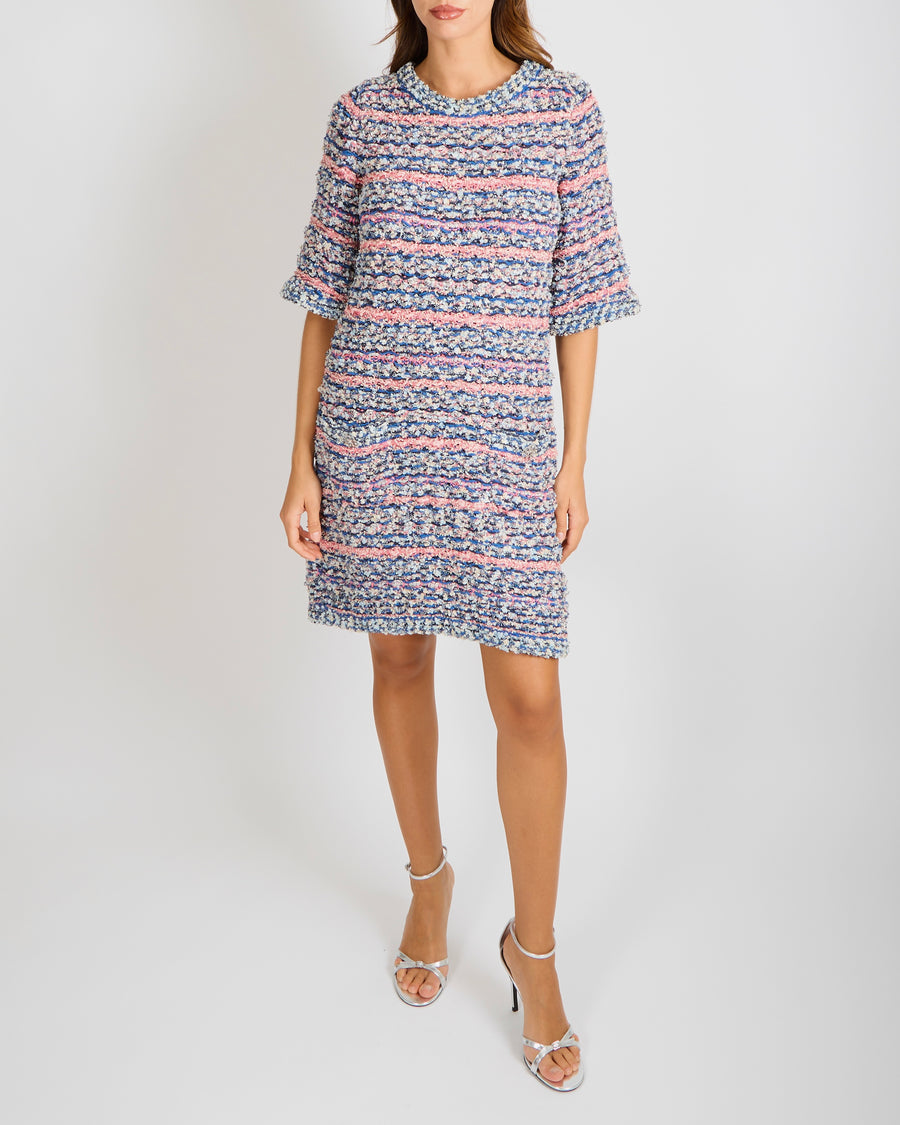 Chanel 15C Dubai Blue and Pink Knitted Short-Sleeved Mini Dress with Silver Crystal Embellished CC Logo Buttons Detail Size FR 40 (UK 12)