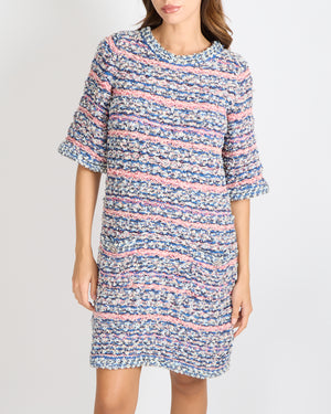 Chanel 15C Dubai Blue and Pink Knitted Short-Sleeved Mini Dress with Silver Crystal Embellished CC Logo Buttons Detail Size FR 40 (UK 12)