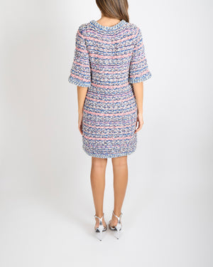 Chanel 15C Dubai Blue and Pink Knitted Short-Sleeved Mini Dress with Silver Crystal Embellished CC Logo Buttons Detail Size FR 40 (UK 12)