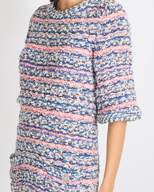 Chanel 15C Dubai Blue and Pink Knitted Short-Sleeved Mini Dress with Silver Crystal Embellished CC Logo Buttons Detail Size FR 40 (UK 12)