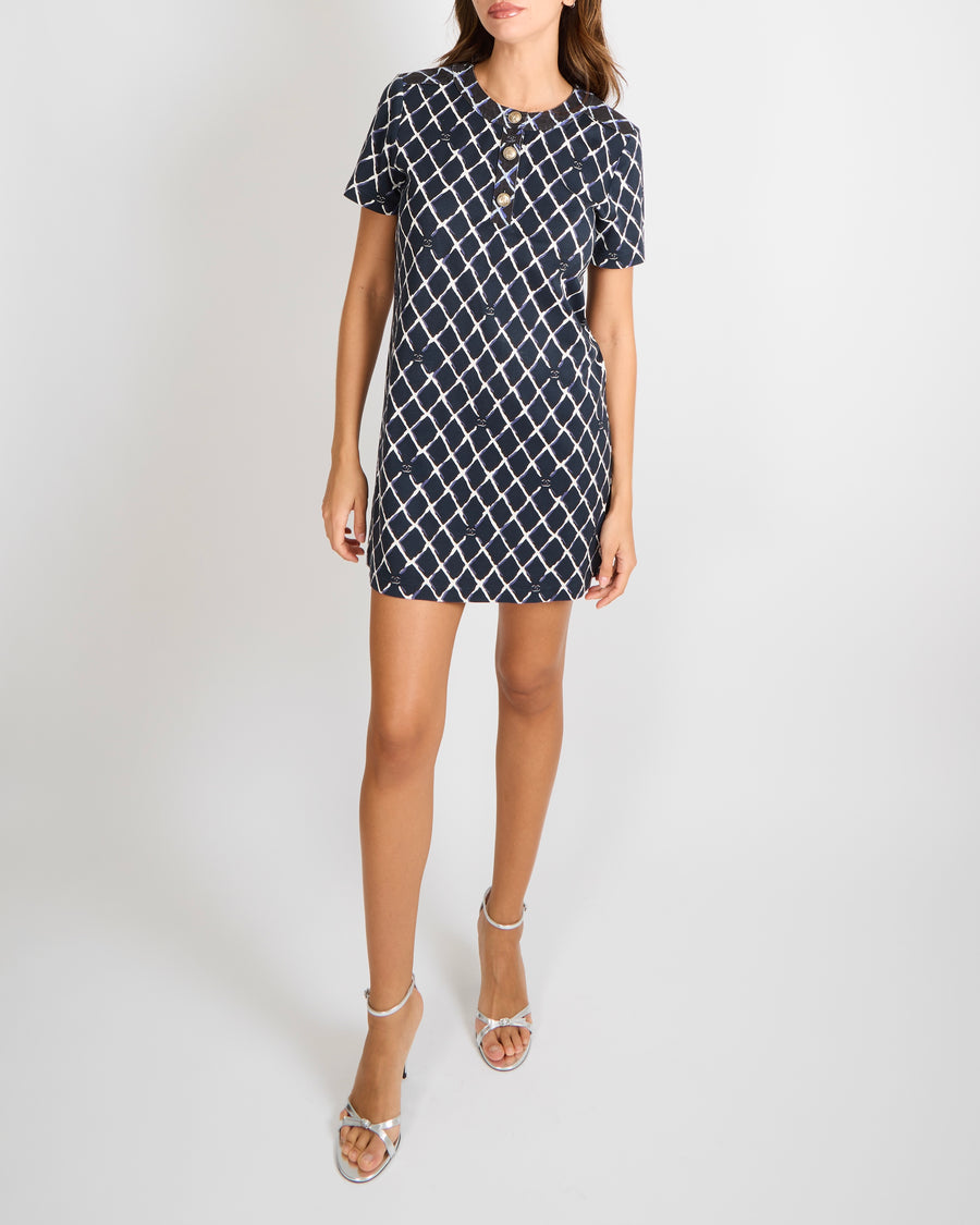 Chanel 2019 Coco Beach Black, Navy and White Quilted Print T-Shirt Mini Dress with Denim Collar Trim and CC Logos with Gold Anchor CC Logo Button Details Size FR 38 (UK 10)