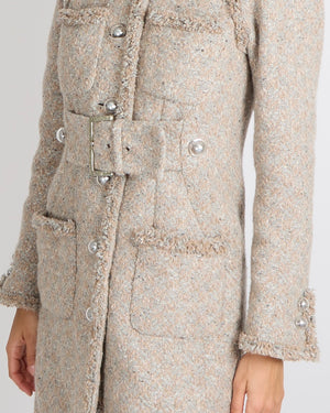 Chanel FW17 Runway Beige Tweed Belted Coat with Clear CC Logo Buttons Size FR 38 (UK 10) RRP £5,250