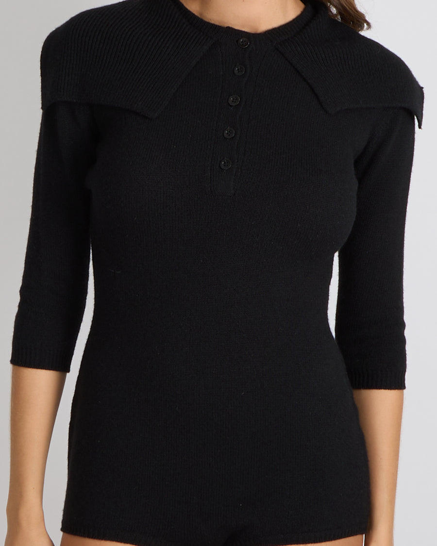 Christian Dior Black Cashmere Playsuit with Collar Detail and CD Logo Detail Size M (UK 10)