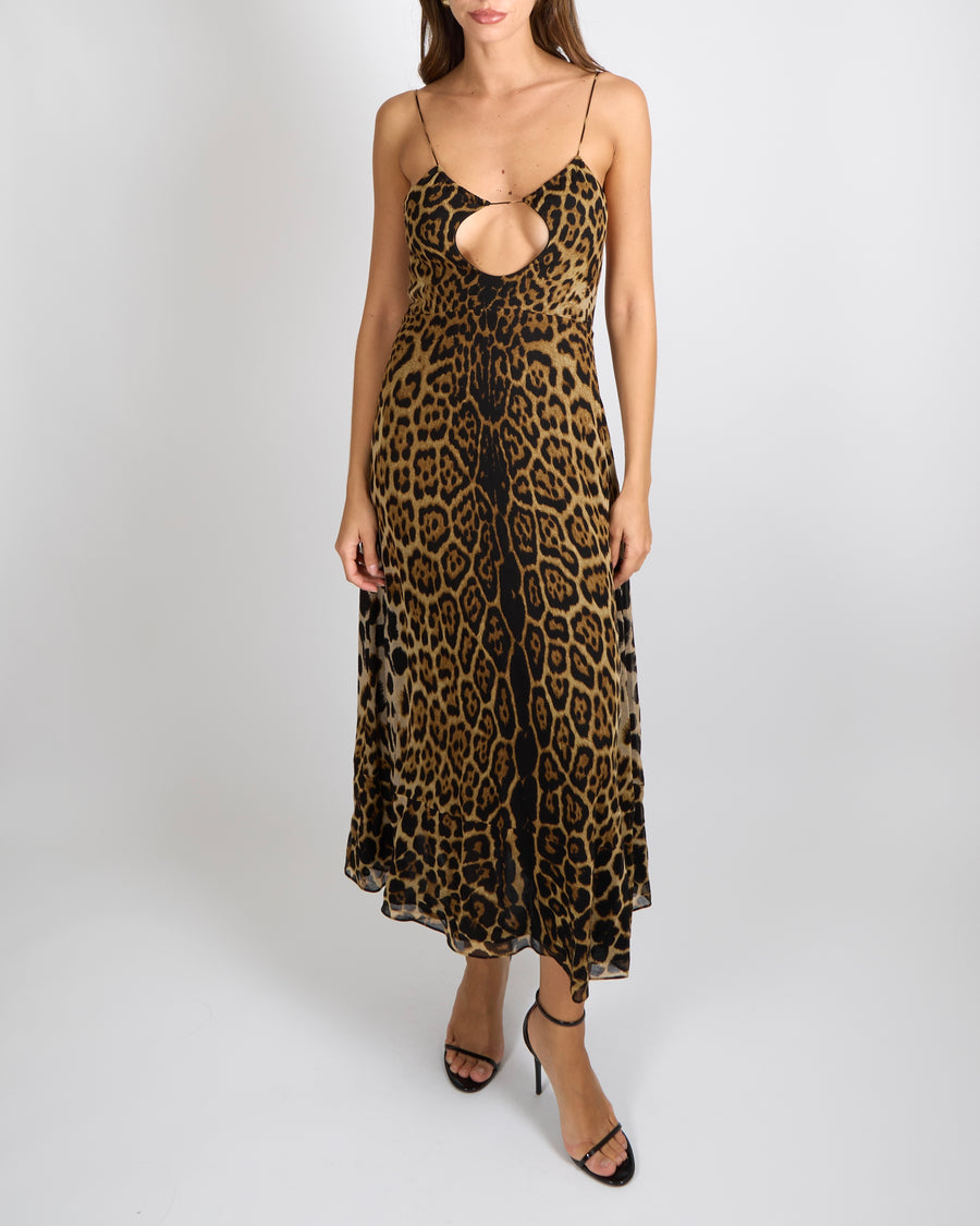 Saint Laurent Leopard Print Sleeveless Maxi Dress with Front Cut Out Detail Size FR 36 (UK 8) RRP £1,950