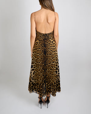 Saint Laurent Leopard Print Sleeveless Maxi Dress with Front Cut Out Detail Size FR 36 (UK 8) RRP £1,950