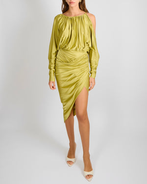 Alexandre Vauthier Lime Asymmetric One Shoulder Midi Dress with Crystal Bead Details Size FR 36 (UK 8) RRP £1,780