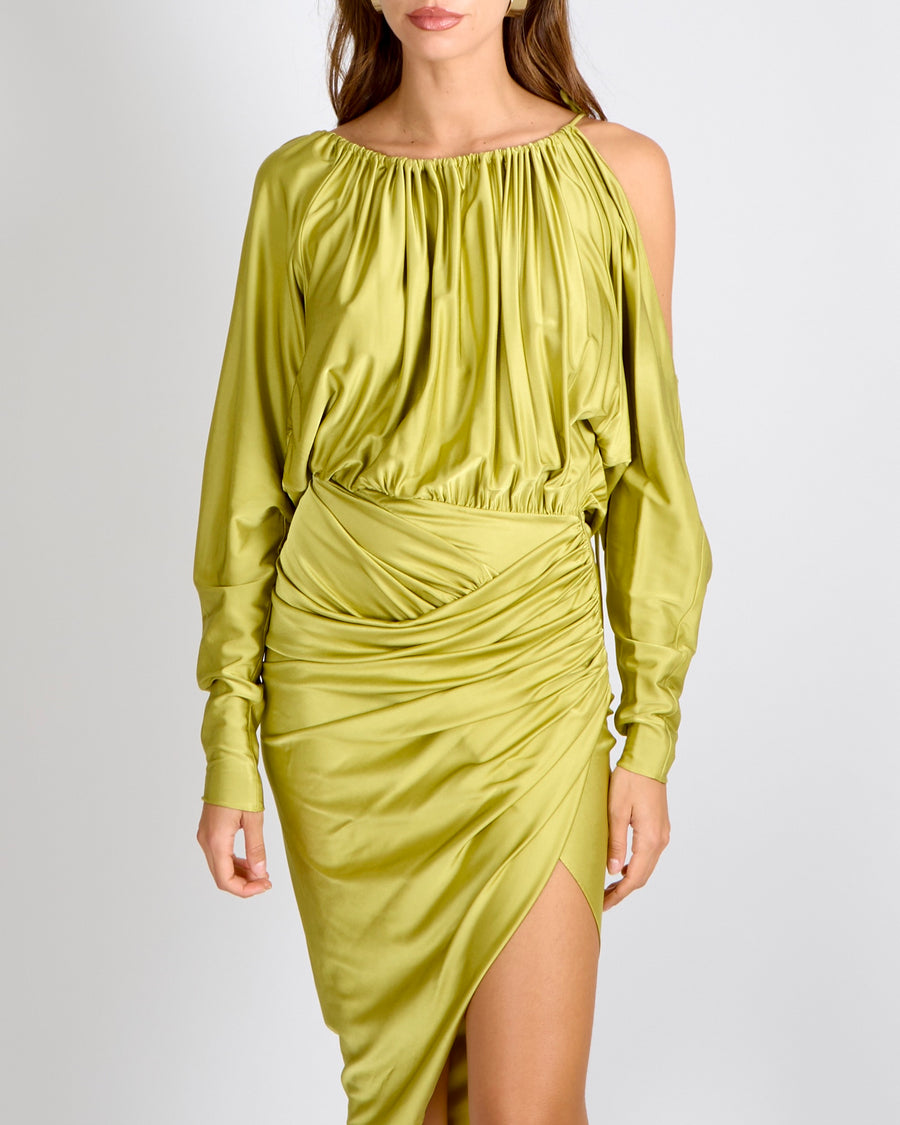 Alexandre Vauthier Lime Asymmetric One Shoulder Midi Dress with Crystal Bead Details Size FR 36 (UK 8) RRP £1,780