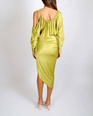 Alexandre Vauthier Lime Asymmetric One Shoulder Midi Dress with Crystal Bead Details Size FR 36 (UK 8) RRP £1,780