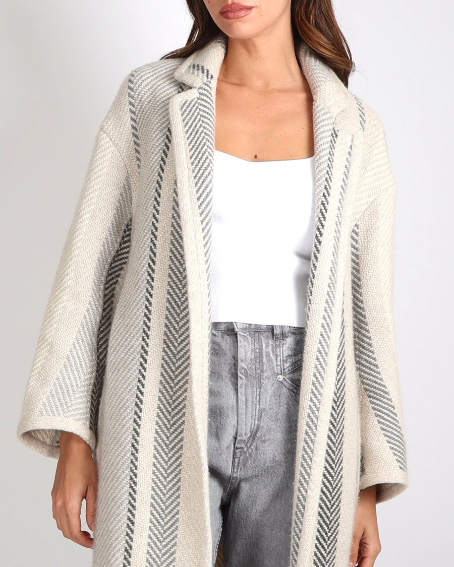 Loro Piana Cream and Grey Cashmere Coat with Leather Belt Detail Size S (UK 8)