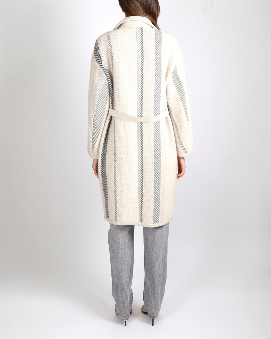 Loro Piana Cream and Grey Cashmere Coat with Leather Belt Detail Size S (UK 8)