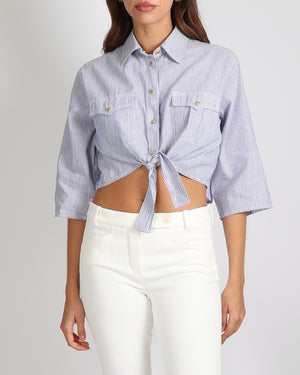 Celine Blue and White Linen and Cotton Blend Striped Cropped Shirt with Gold Buttons and Front Tie Detail Size XS (UK 6)