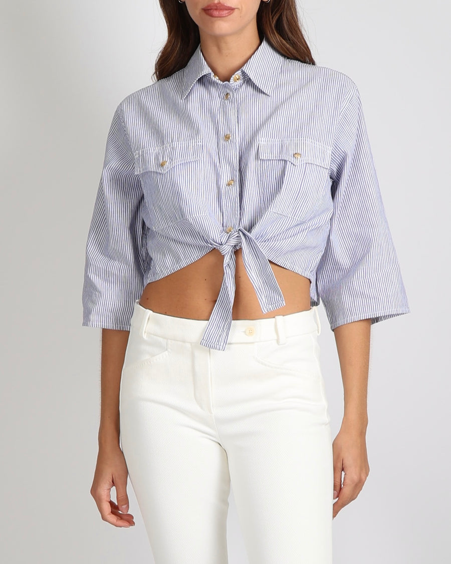 Celine Blue and White Linen and Cotton Blend Striped Cropped Shirt with Gold Buttons and Front Tie Detail Size XS (UK 6)