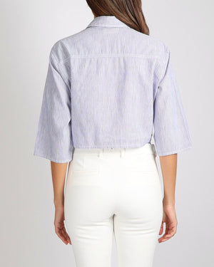 Celine Blue and White Linen and Cotton Blend Striped Cropped Shirt with Gold Buttons and Front Tie Detail Size XS (UK 6)