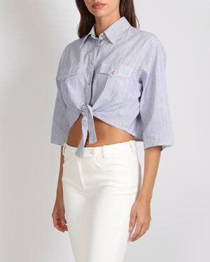 Celine Blue and White Linen and Cotton Blend Striped Cropped Shirt with Gold Buttons and Front Tie Detail Size XS (UK 6)