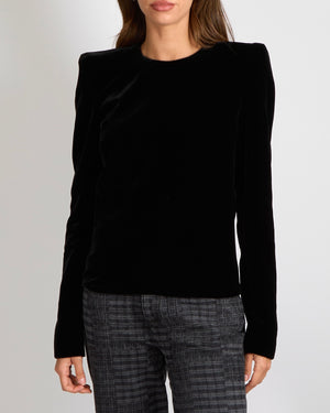 Saint Laurent Black Velvet Long-Sleeved Top with Shoulder Pads and Back Zipper Size FR 38 (UK 10)