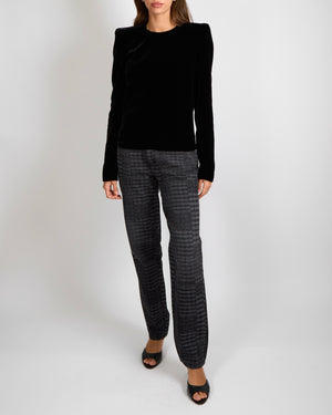 Saint Laurent Black Velvet Long-Sleeved Top with Shoulder Pads and Back Zipper Size FR 38 (UK 10)