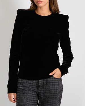 Saint Laurent Black Velvet Long-Sleeved Top with Shoulder Pads and Back Zipper Size FR 38 (UK 10)