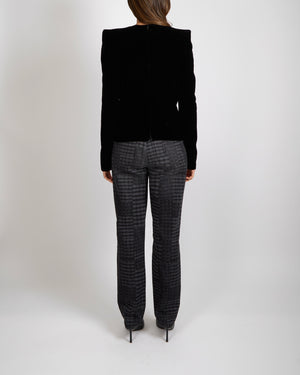 Saint Laurent Black Velvet Long-Sleeved Top with Shoulder Pads and Back Zipper Size FR 38 (UK 10)