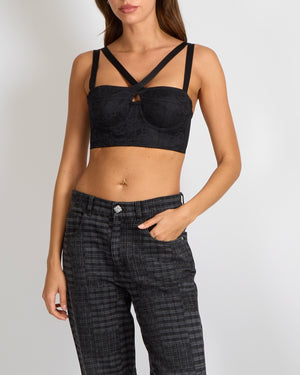 Chanel 24A Dark Grey Checkered Straight Leg Jeans with Grey Crystal Camellia Button and Silver CC Logo Details Size FR 38 (UK 10)