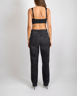 Chanel 24A Dark Grey Checkered Straight Leg Jeans with Grey Crystal Camellia Button and Silver CC Logo Details Size FR 38 (UK 10)