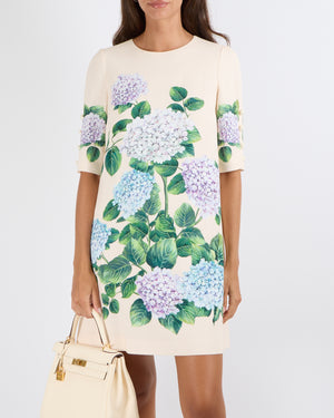 Dolce & Gabbana Cream Short-Sleeved Midi Dress with Lilac and Blue Hydrangea Flower Prints and White Button Details Size IT 40 (UK 8)