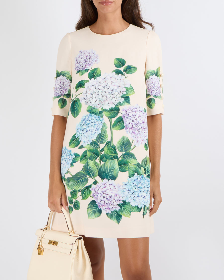 Dolce & Gabbana Cream Short-Sleeved Midi Dress with Lilac and Blue Hydrangea Flower Prints and White Button Details Size IT 40 (UK 8)