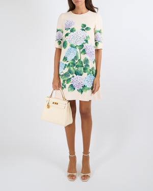 Dolce & Gabbana Cream Short-Sleeved Midi Dress with Lilac and Blue Hydrangea Flower Prints and White Button Details Size IT 40 (UK 8)