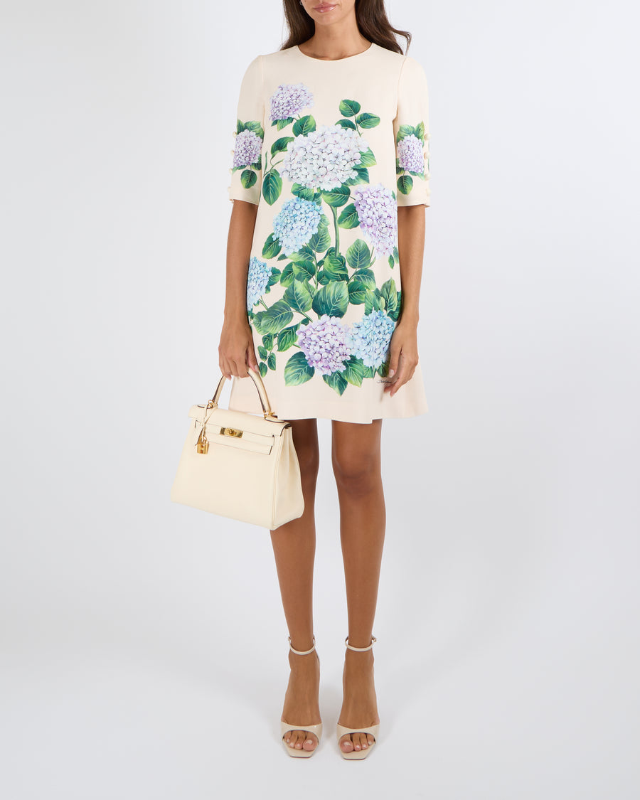 Dolce & Gabbana Cream Short-Sleeved Midi Dress with Lilac and Blue Hydrangea Flower Prints and White Button Details Size IT 40 (UK 8)