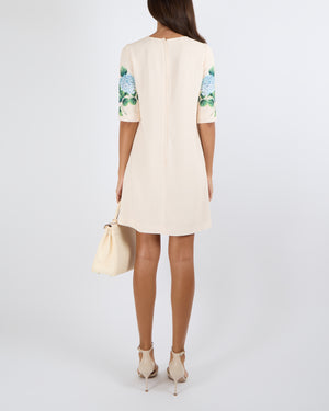 Dolce & Gabbana Cream Short-Sleeved Midi Dress with Lilac and Blue Hydrangea Flower Prints and White Button Details Size IT 40 (UK 8)