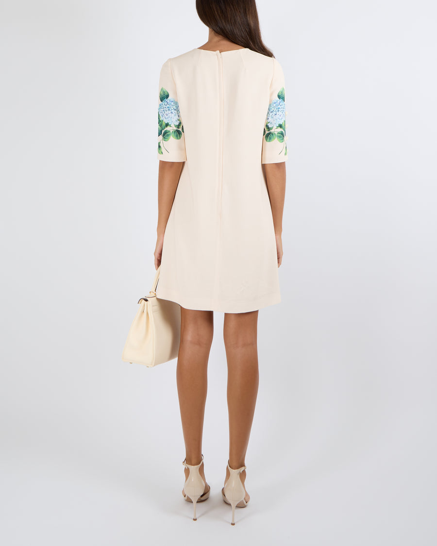Dolce & Gabbana Cream Short-Sleeved Midi Dress with Lilac and Blue Hydrangea Flower Prints and White Button Details Size IT 40 (UK 8)