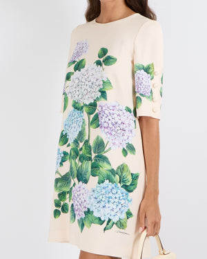 Dolce & Gabbana Cream Short-Sleeved Midi Dress with Lilac and Blue Hydrangea Flower Prints and White Button Details Size IT 40 (UK 8)