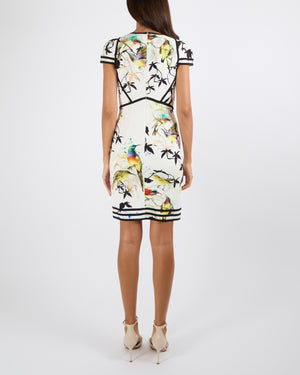 Roberto Cavalli White Bodycon Mini Dress with Multi-Colour Bird Prints and Black Trims Size IT 42 (UK 10)
