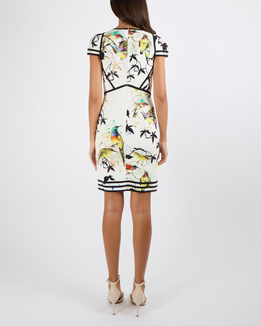 Roberto Cavalli White Bodycon Mini Dress with Multi-Colour Bird Prints and Black Trims Size IT 42 (UK 10)