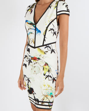 Roberto Cavalli White Bodycon Mini Dress with Multi-Colour Bird Prints and Black Trims Size IT 42 (UK 10)