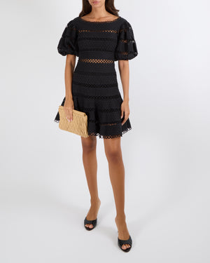 Zimmermann Black Linen and Cotton Blend Bowie Contour Hailspot Mini Dress with Circle Trim Inserts and Puff Sleeves Size 0 (UK 8)