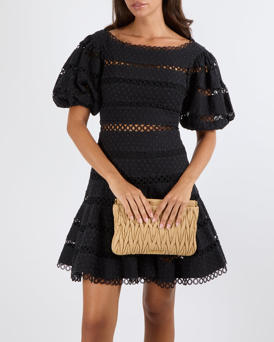 Zimmermann Black Linen and Cotton Blend Bowie Contour Hailspot Mini Dress with Circle Trim Inserts and Puff Sleeves Size 0 (UK 8)