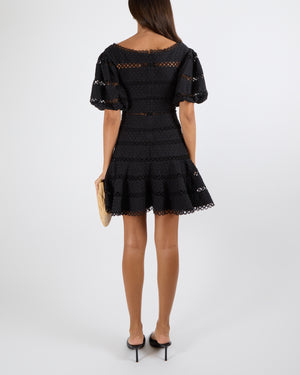 Zimmermann Black Linen and Cotton Blend Bowie Contour Hailspot Mini Dress with Circle Trim Inserts and Puff Sleeves Size 0 (UK 8)