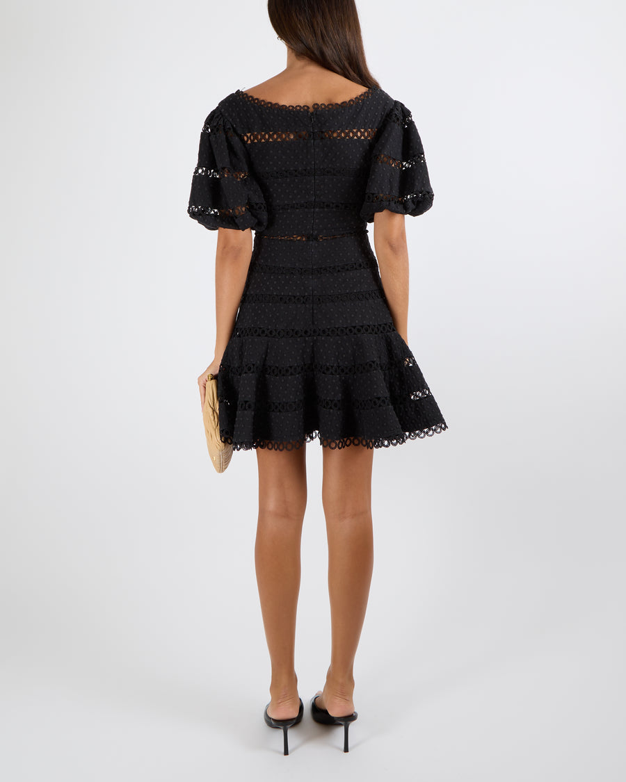 Zimmermann Black Linen and Cotton Blend Bowie Contour Hailspot Mini Dress with Circle Trim Inserts and Puff Sleeves Size 0 (UK 8)