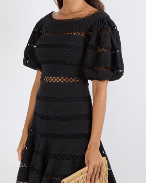 Zimmermann Black Linen and Cotton Blend Bowie Contour Hailspot Mini Dress with Circle Trim Inserts and Puff Sleeves Size 0 (UK 8)