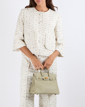 Elie Saab Resort 2025 White Tweed and Black Sequin Embellished Jacket and Trousers Set with Textured Buttons Size FR 38 (UK 10) RRP £4,500