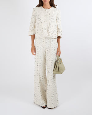 Elie Saab Resort 2025 White Tweed and Black Sequin Embellished Jacket and Trousers Set with Textured Buttons Size FR 38 (UK 10) RRP £4,500