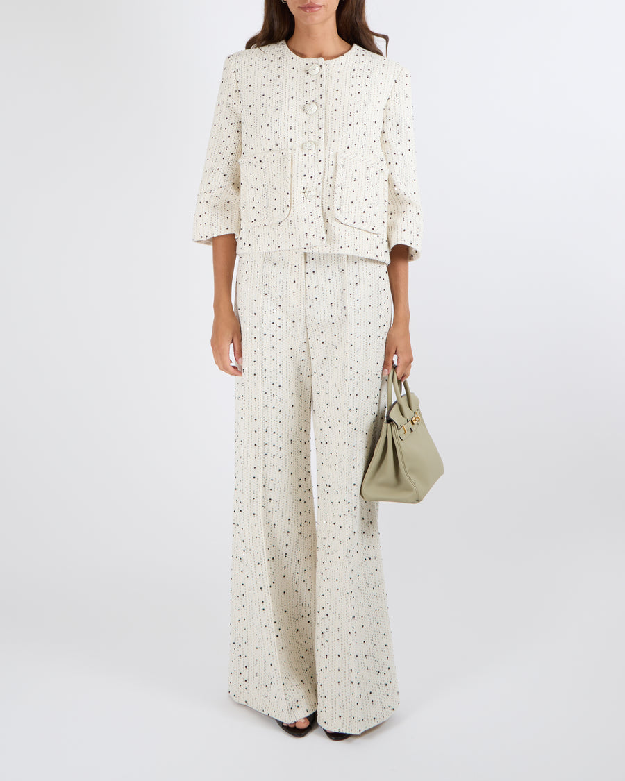Elie Saab Resort 2025 White Tweed and Black Sequin Embellished Jacket and Trousers Set with Textured Buttons Size FR 38 (UK 10) RRP £4,500