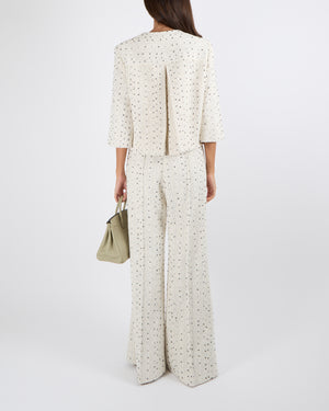 Elie Saab Resort 2025 White Tweed and Black Sequin Embellished Jacket and Trousers Set with Textured Buttons Size FR 38 (UK 10) RRP £4,500