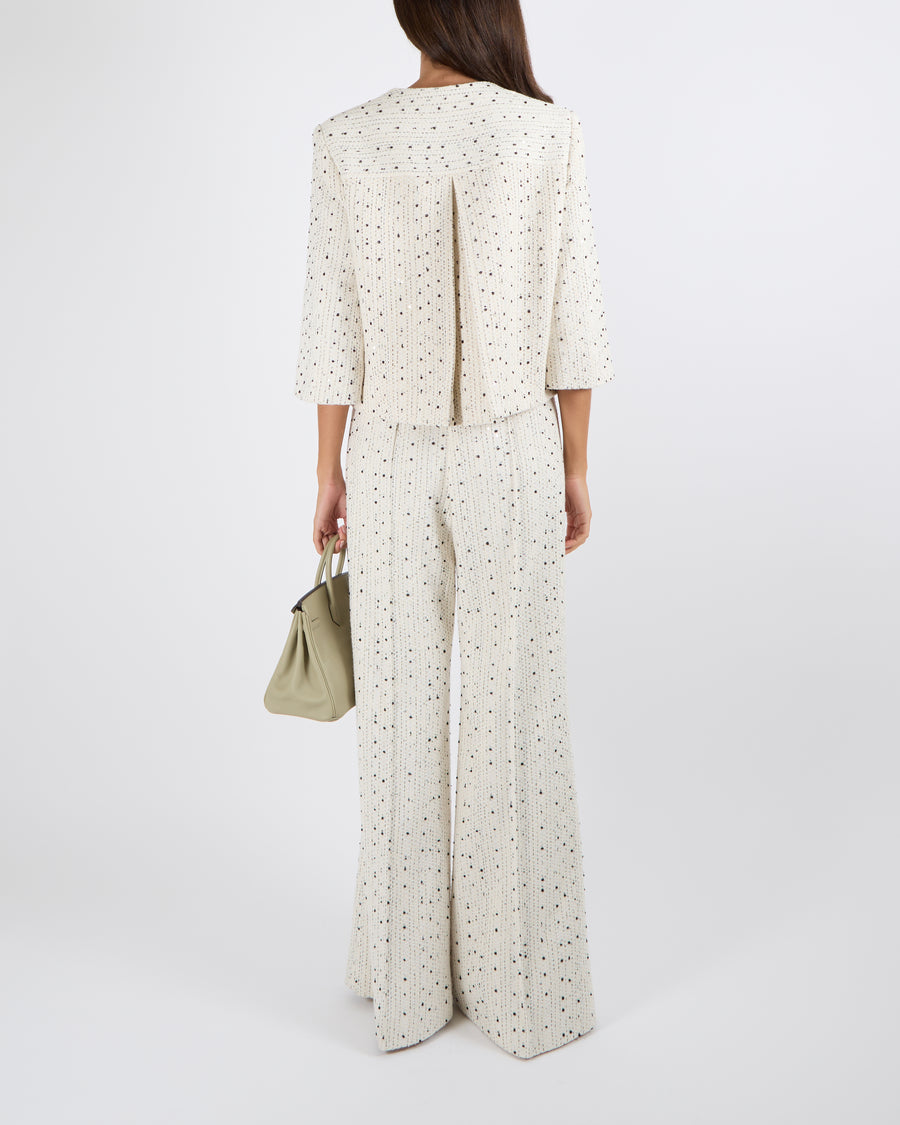 Elie Saab Resort 2025 White Tweed and Black Sequin Embellished Jacket and Trousers Set with Textured Buttons Size FR 38 (UK 10) RRP £4,500
