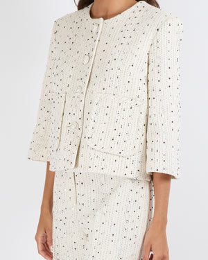 Elie Saab Resort 2025 White Tweed and Black Sequin Embellished Jacket and Trousers Set with Textured Buttons Size FR 38 (UK 10) RRP £4,500