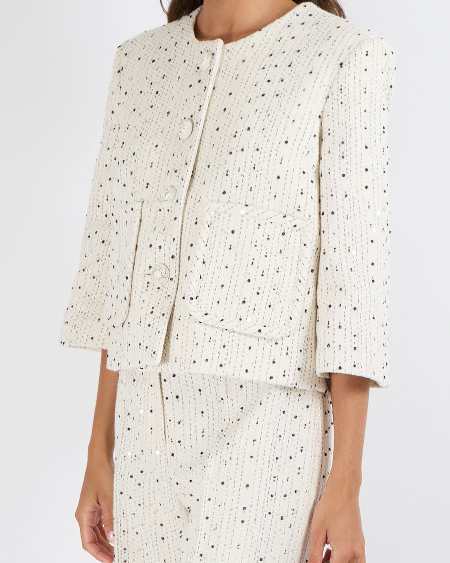 Elie Saab Resort 2025 White Tweed and Black Sequin Embellished Jacket and Trousers Set with Textured Buttons Size FR 38 (UK 10) RRP £4,500