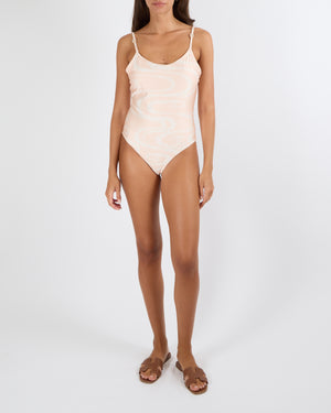 Chanel Coco Beach 2025 Blush Pink One-Piece Swimsuit with White CC Logo and Flower Prints and Gold Crystal Embellished CC Logo Details Size FR 40 (UK 12)