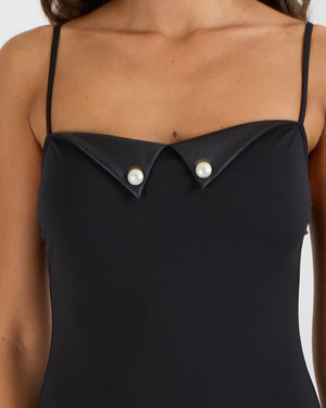 Chanel Black One-Piece Swimsuit with Pearl Crystal Embellished CC Logo Buttons Size FR 40 (UK 12)